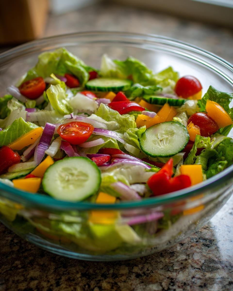 Nahaufnahme einer Sch&uuml;ssel mit frischem und knackigem Gartensalat-Mix mit Tomaten, Gurken und Paprika.