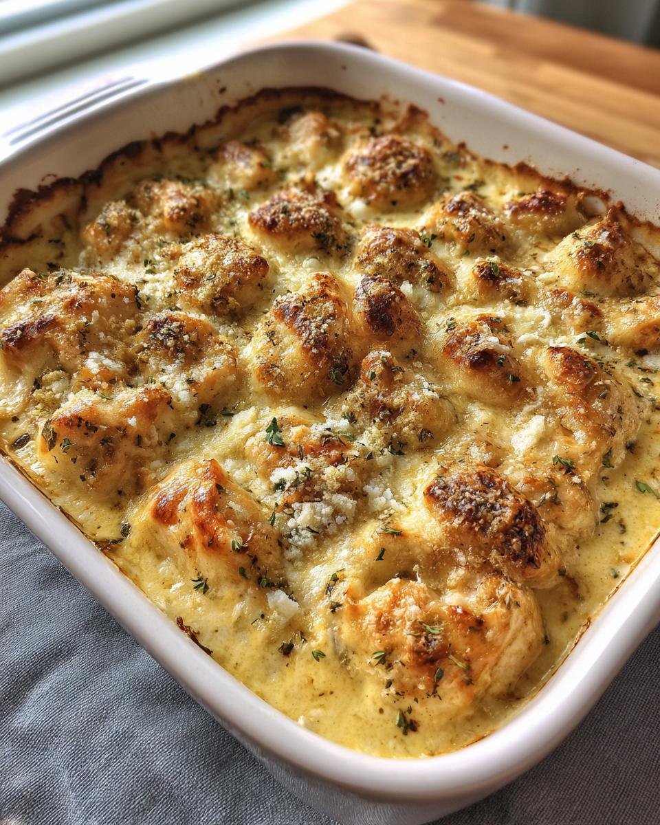 Nahaufnahme eines cremigen Frischk&auml;se-H&auml;hnchen-Auflaufs, goldbraun gebacken und mit Kr&auml;utern bestreut.