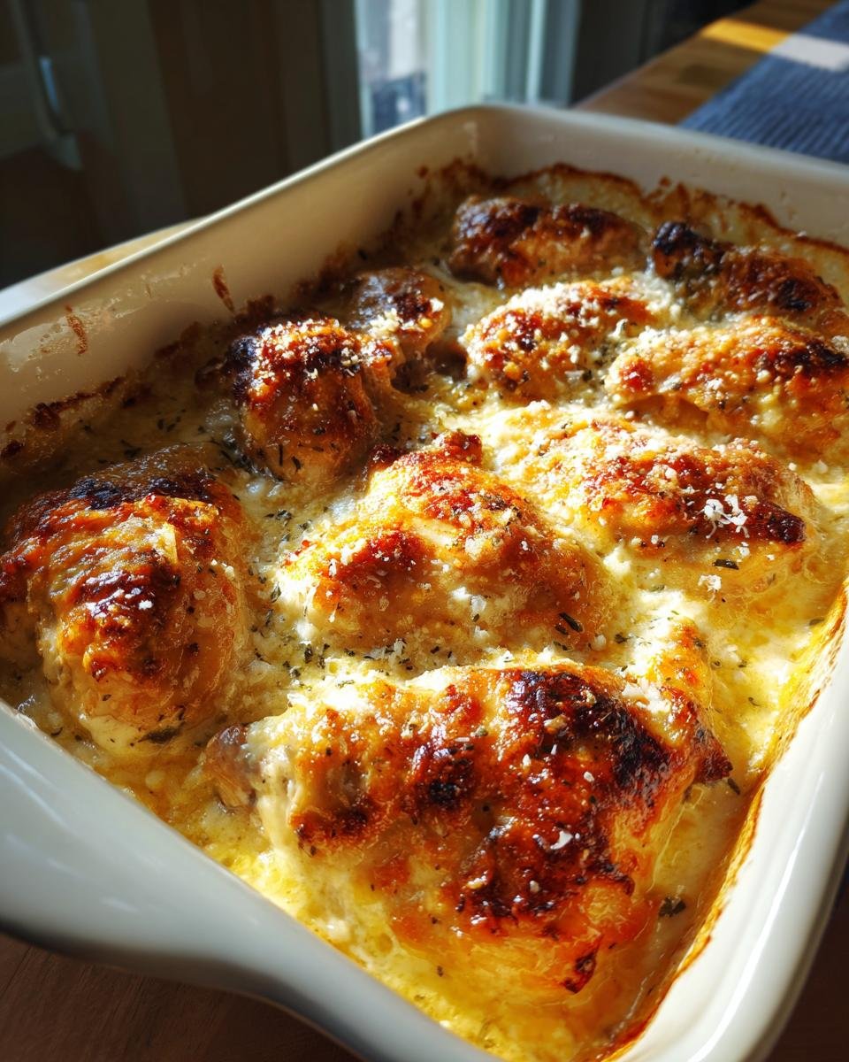Nahaufnahme eines cremigen Frischk&auml;se-H&auml;hnchen-Auflaufs mit goldbrauner Kruste und Kr&auml;utern.