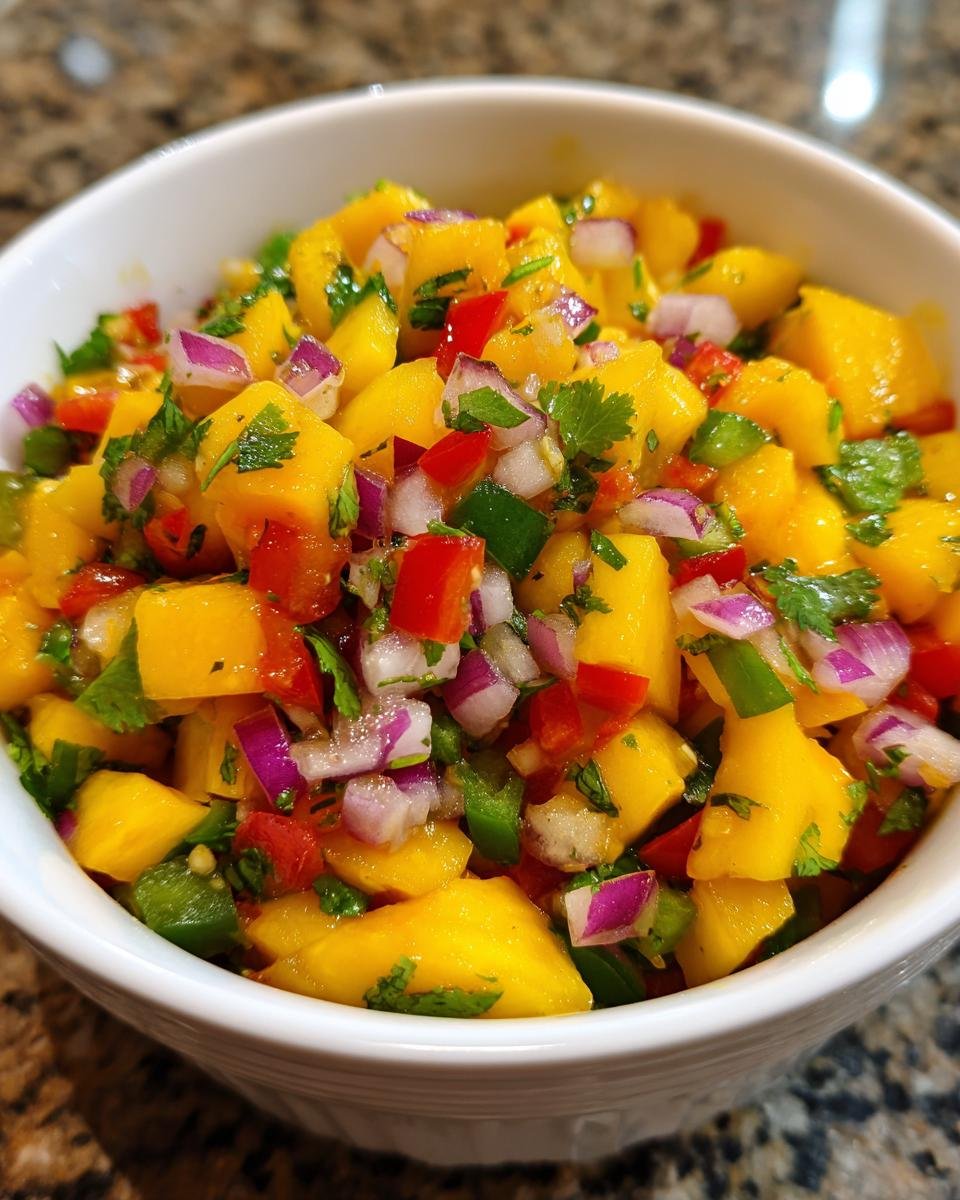 Nahaufnahme einer Sch&uuml;ssel mit erfrischender Fruchtsalsa, die Mango, rote Zwiebeln, Paprika und Koriander enth&auml;lt.