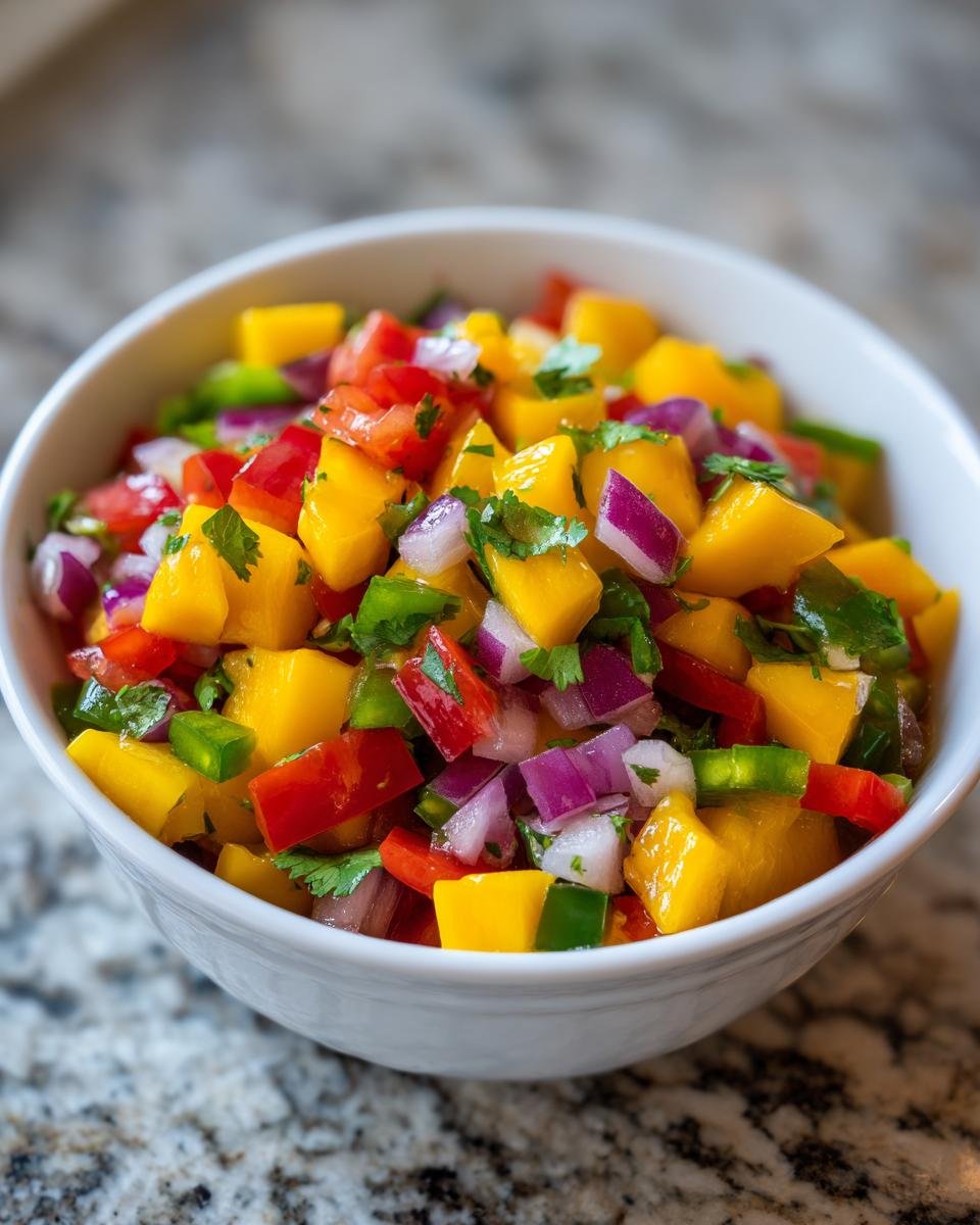 Nahaufnahme einer Sch&uuml;ssel mit bunter Fruchtsalsa, die Mango, Tomaten, rote Zwiebeln, Jalape&ntilde;o und Koriander enth&auml;lt.