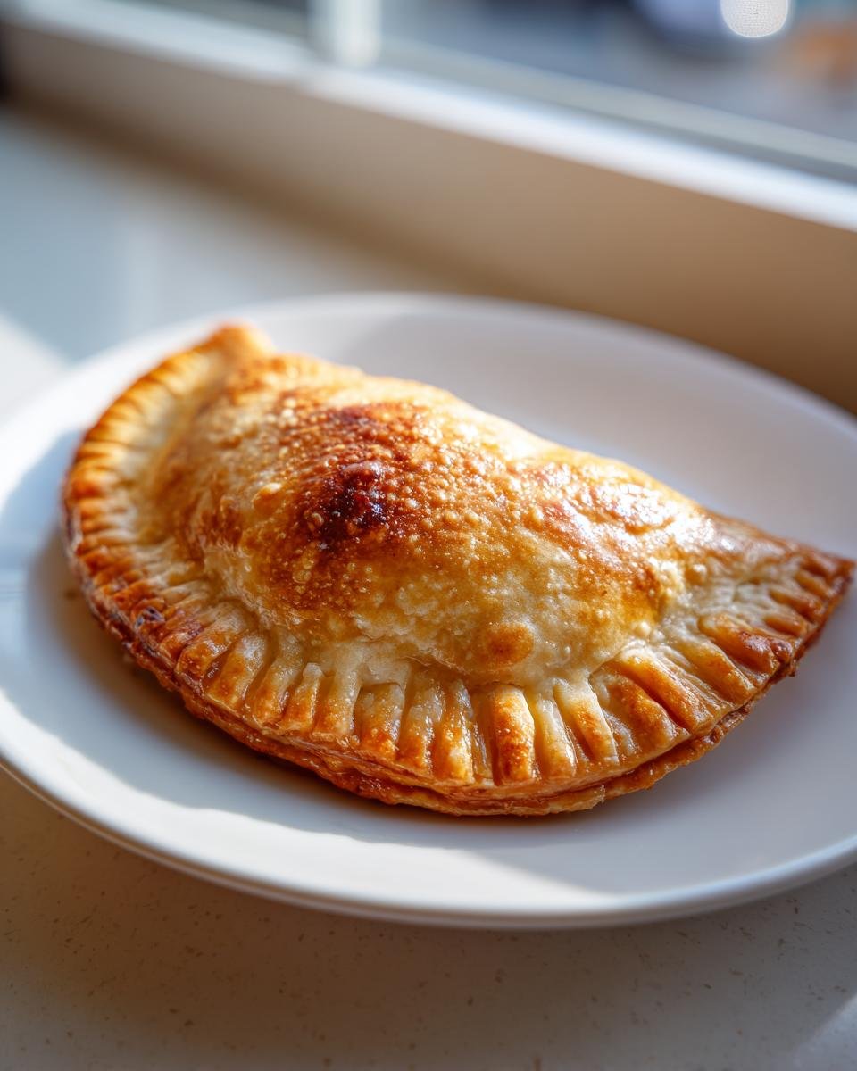 Nahaufnahme eines perfekt gebackenen Empanada-Teigs auf einem wei&szlig;en Teller, goldbraun und knusprig.