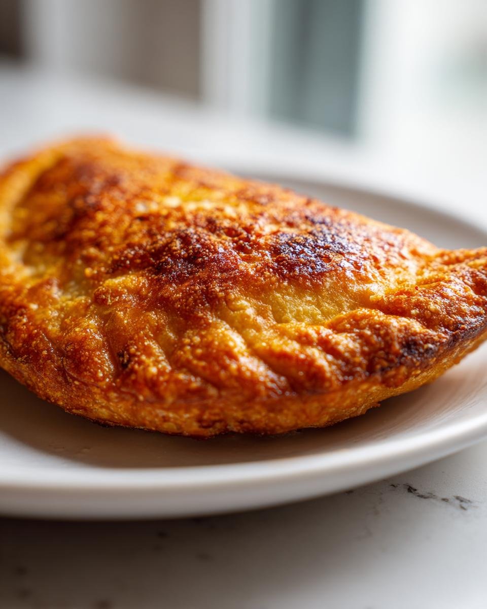 Nahaufnahme eines perfekt gebackenen Empanada-Teigs auf einem Teller, goldbraun und knusprig.