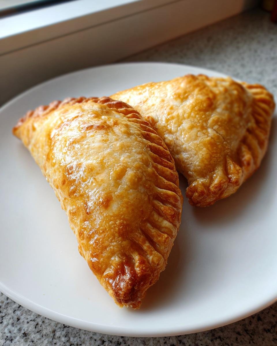 Nahaufnahme von zwei goldbraunen, gebackenen Empanadas auf einem wei&szlig;en Teller, die den perfekten gebackenen Empanada-Teig zeigen.