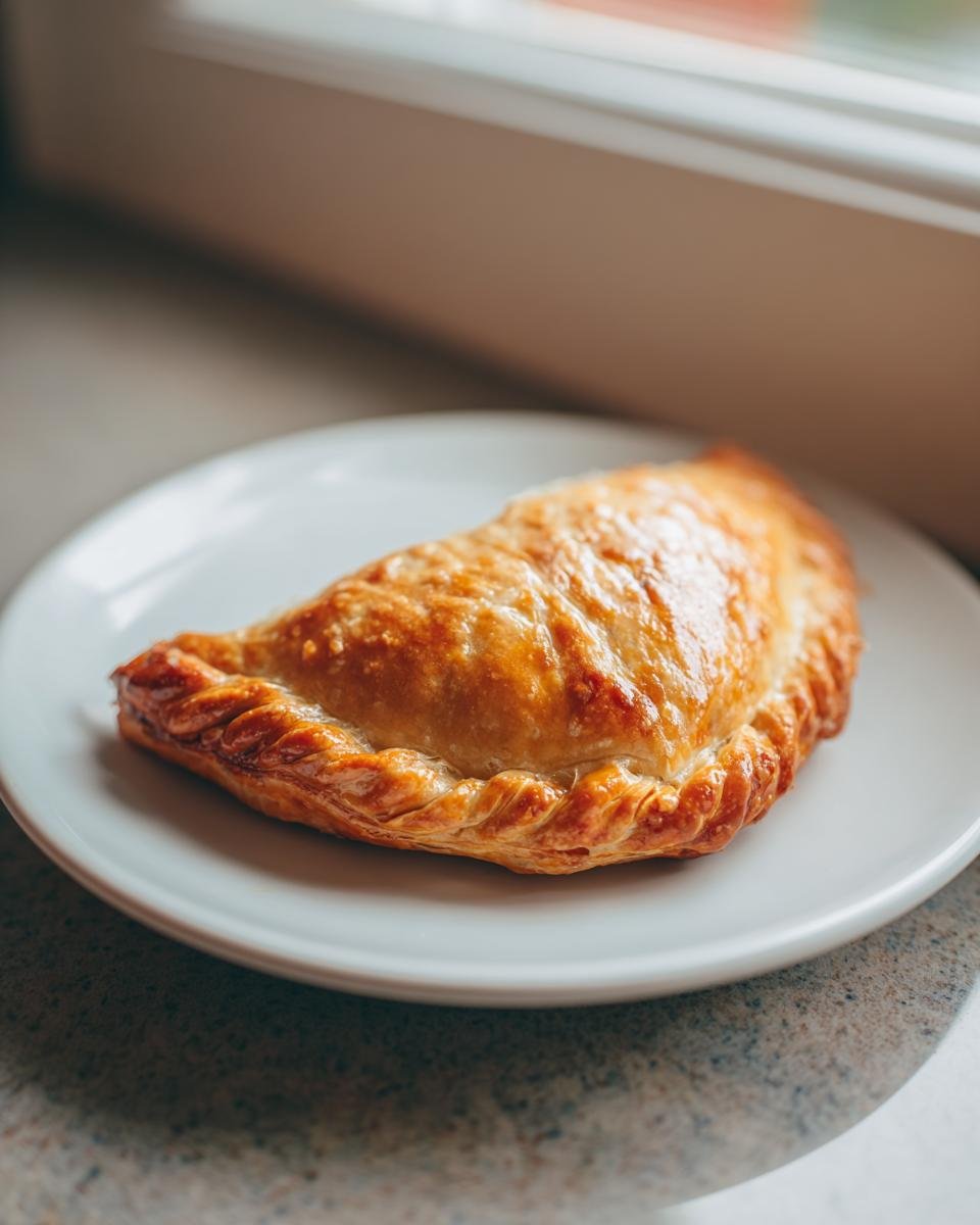 Nahaufnahme eines goldbraunen, gebackenen Empanada-Teigs auf einem wei&szlig;en Teller.
