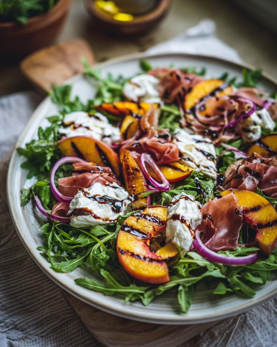 Nahaufnahme eines unwiderstehlichen gegrillten Nektarinen Burrata Prosciutto Salats mit Rucola, roten Zwiebeln und Balsamico-Glasur.