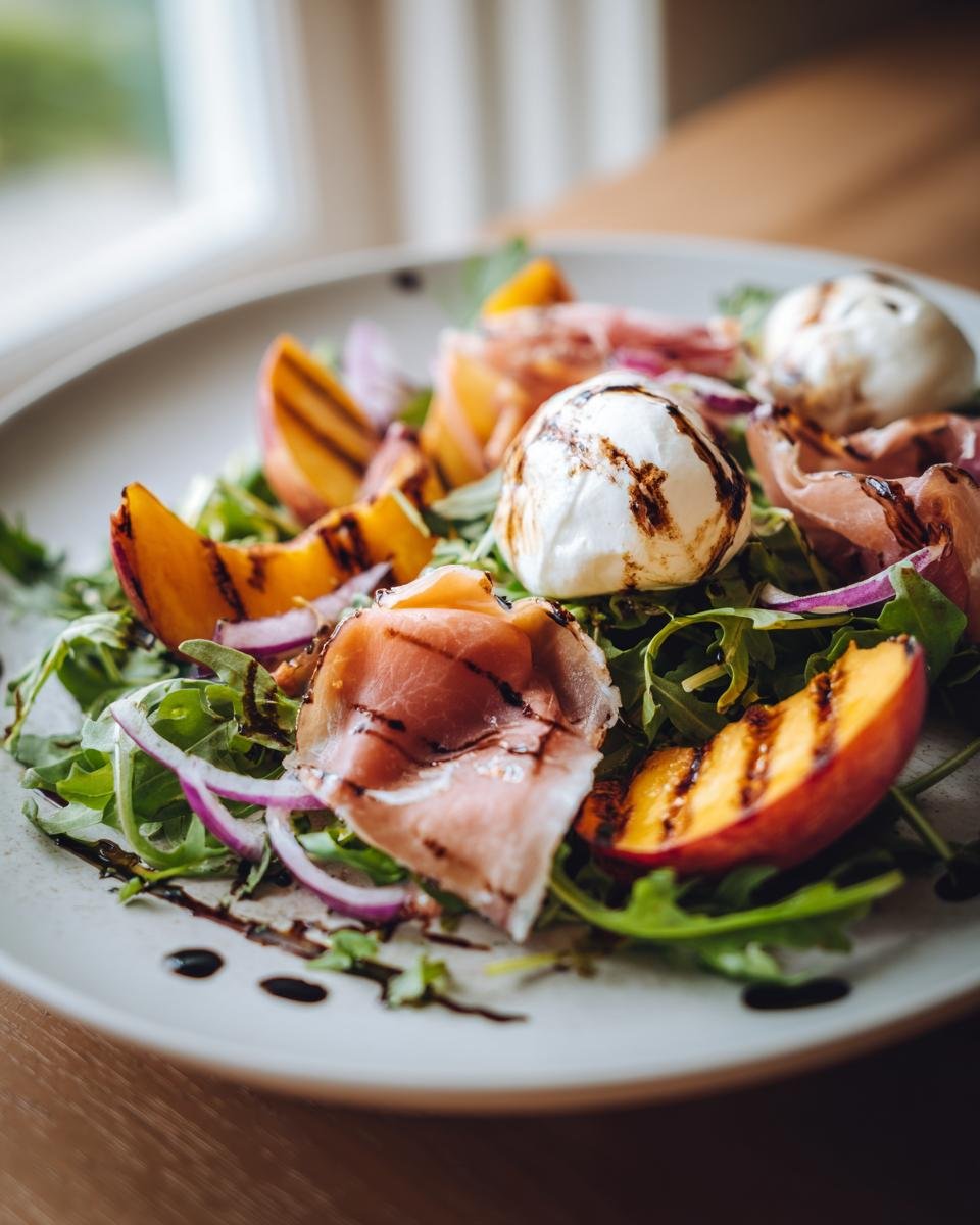 Nahaufnahme eines unwiderstehlichen gegrillten Nektarinen Burrata Prosciutto Salats mit Rucola, roten Zwiebeln und Balsamico-Glasur.