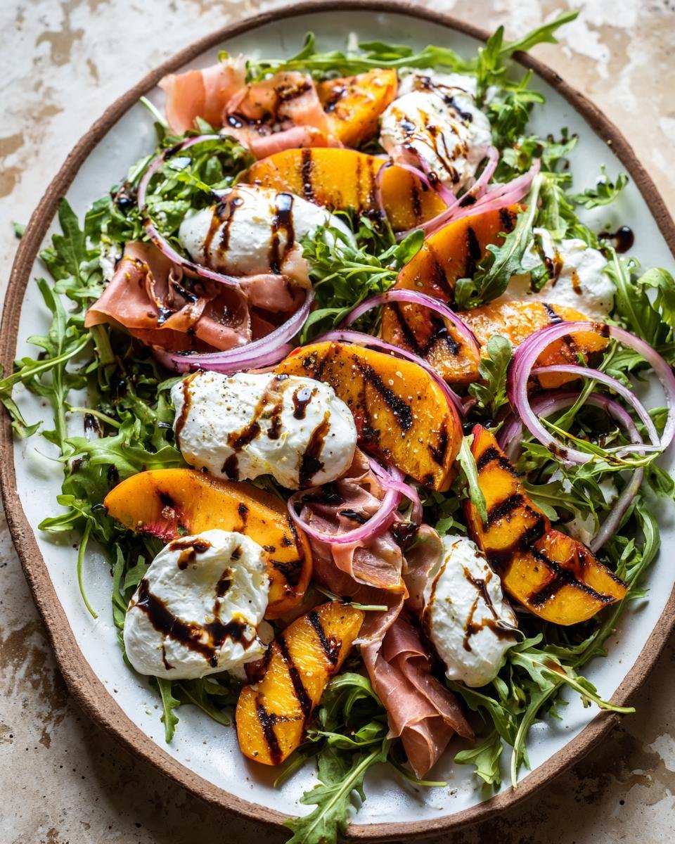 Nahaufnahme eines unwiderstehlichen gegrillten Nektarinen Burrata Schinken Salats mit Rucola, roten Zwiebeln und Balsamico-Glasur.