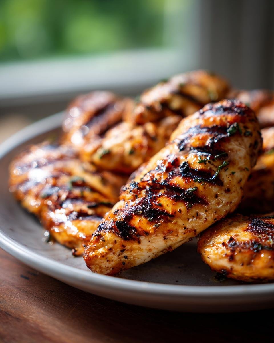 Nahaufnahme von saftigen, gegrillten H&auml;hnchenbrustst&uuml;cken auf einem Teller, perfekt f&uuml;r Sommerrezepte.