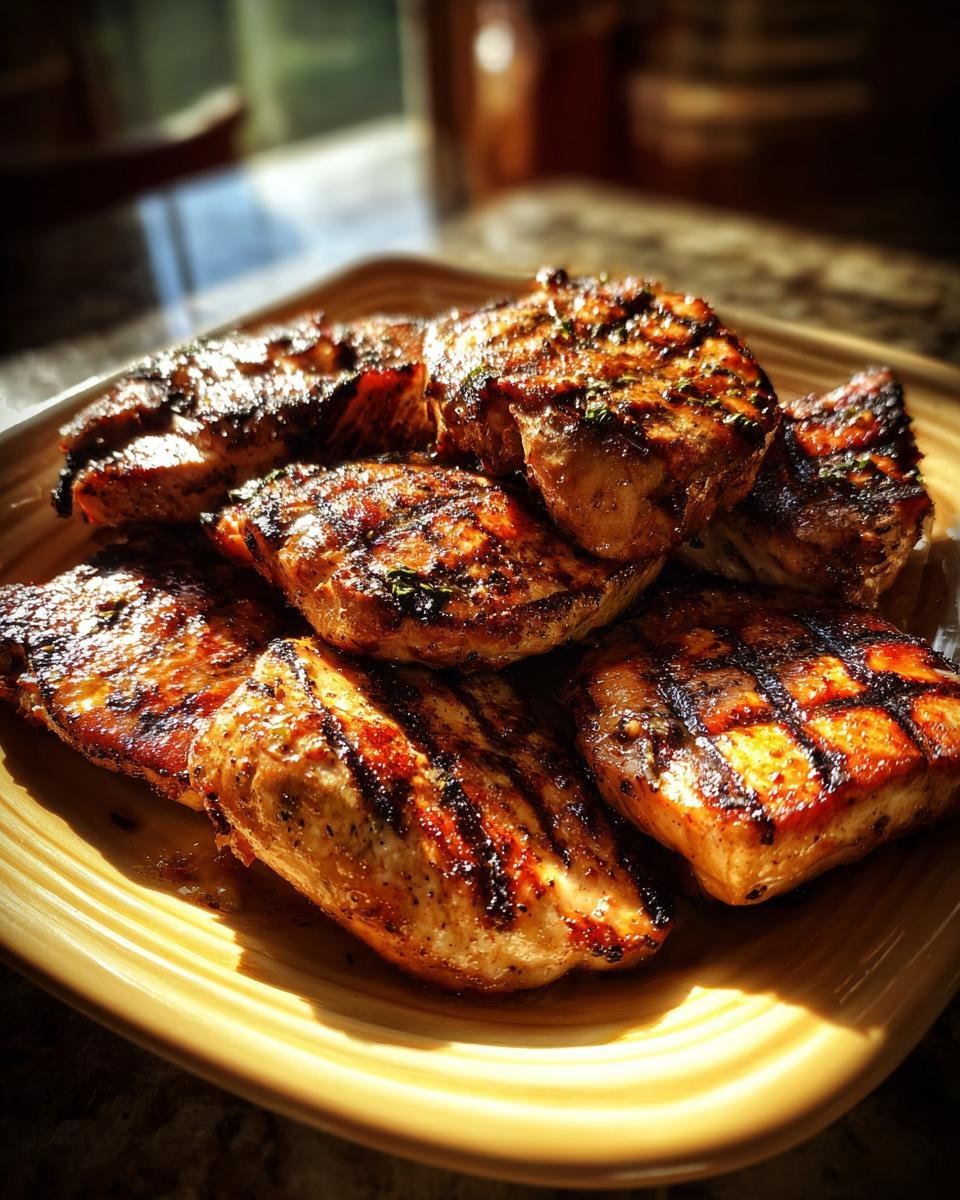 Saftige gegrillte H&auml;hnchenbrustst&uuml;cke mit Grillstreifen auf einem Teller, perfekt f&uuml;r Sommer-H&auml;hnchenrezepte.
