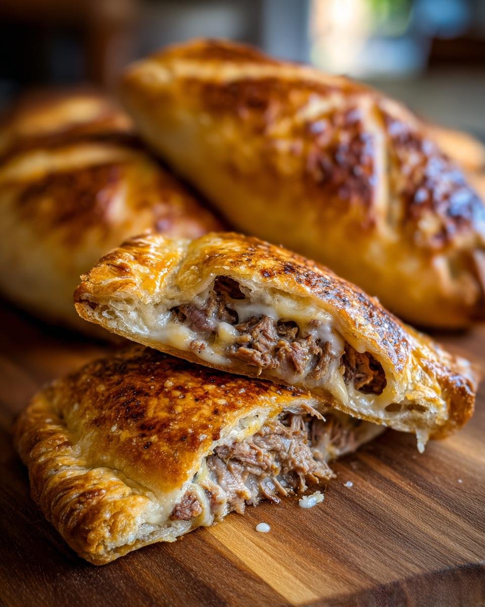 Nahaufnahme einer aufgeschnittenen Pretzel Bomb mit ger&auml;uchertem Brisket und geschmolzenem Bierk&auml;se.