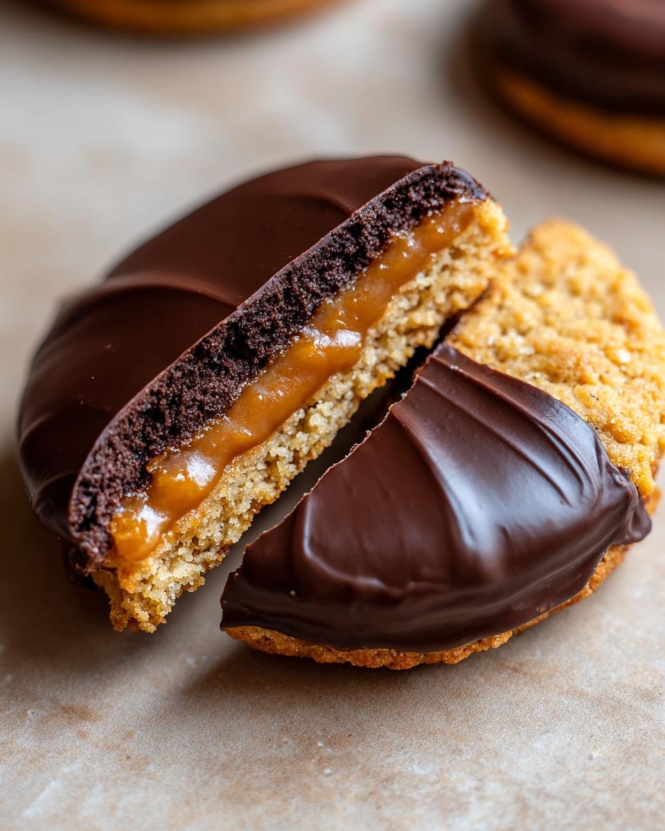 Nahaufnahme eines aufgeschnittenen glutenfreien Alfajorcitos mit Dulce de Leche und Schokoladen&uuml;berzug.