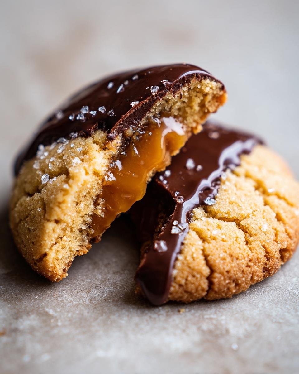 Nahaufnahme von gluten-freien Alfajorcitos, gef&uuml;llt mit Dulce de Leche und &uuml;berzogen mit Schokolade, bestreut mit Meersalz.