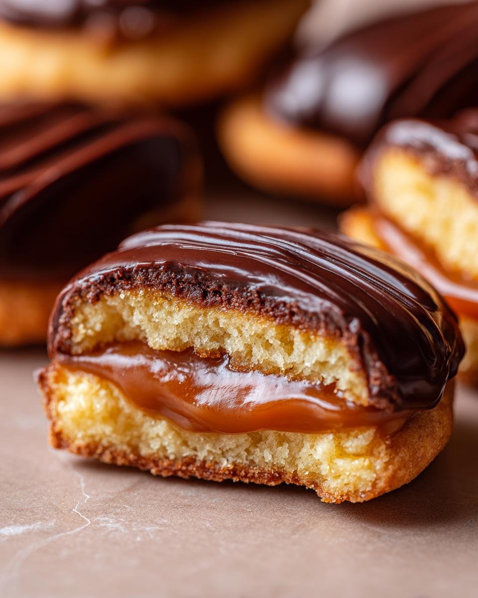 Nahaufnahme eines glutenfreien Alfajorcitos, gef&uuml;llt mit Dulce de Leche und &uuml;berzogen mit Schokolade.