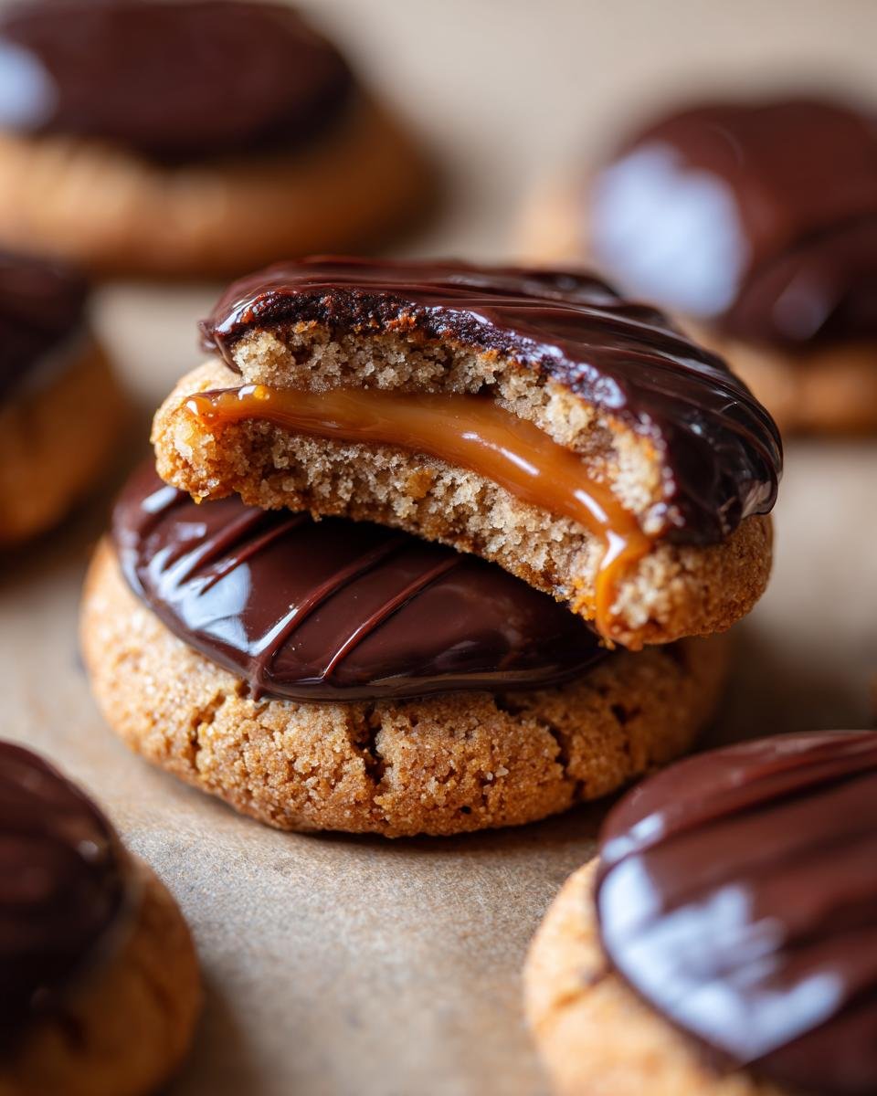 Nahaufnahme von gluten-freien Alfajorcitos mit Dulce de Leche und Schokolade, ein Keks ist zerbissen und zeigt die F&uuml;llung.