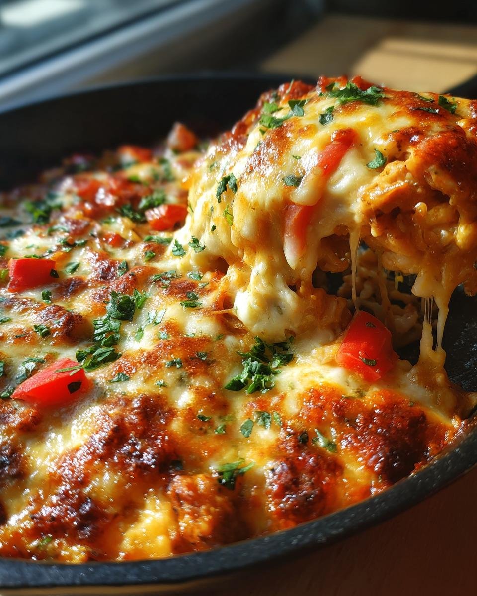 Nahaufnahme eines H&auml;hnchen-Fajita-Auflaufs mit geschmolzenem K&auml;se und Petersilie.