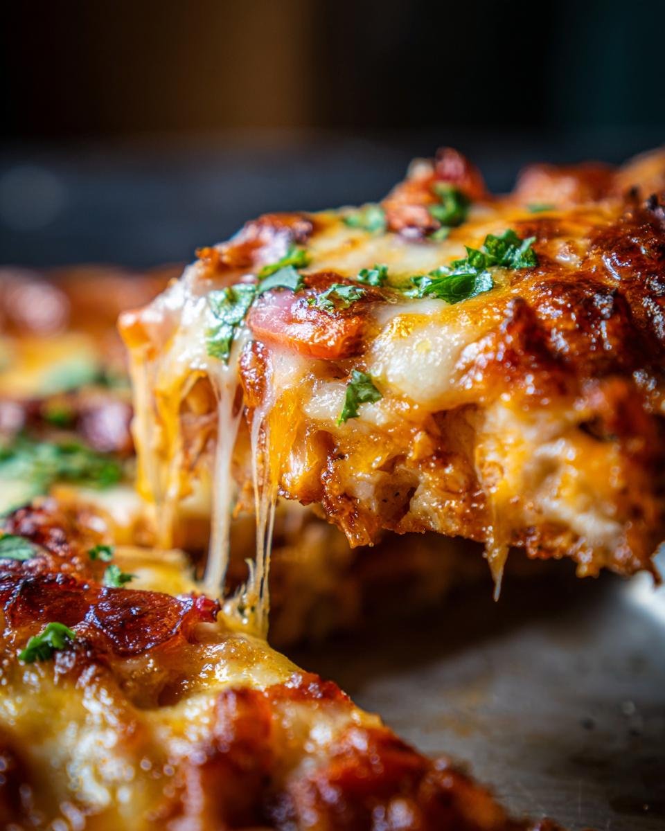 Nahaufnahme eines St&uuml;cks H&auml;hnchen Fajita Auflauf mit geschmolzenem K&auml;se und Kr&auml;utern.