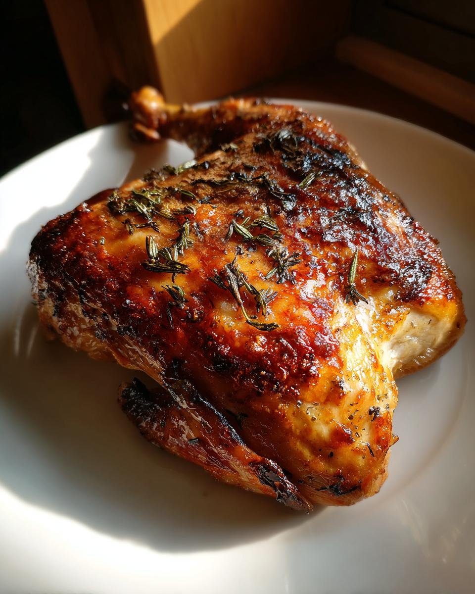 Nahaufnahme eines perfekt gebratenen H&auml;hnchenviertels mit knuspriger Haut und Kr&auml;utern bestreut.