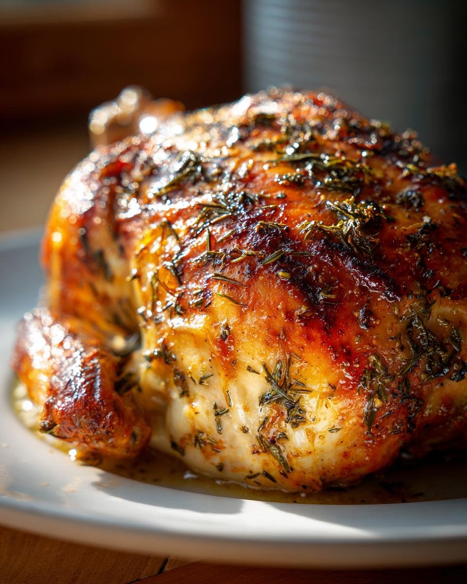 Nahaufnahme eines perfekt gebratenen H&auml;hnchenviertels, mit knuspriger Haut und Kr&auml;utern bestreut.
