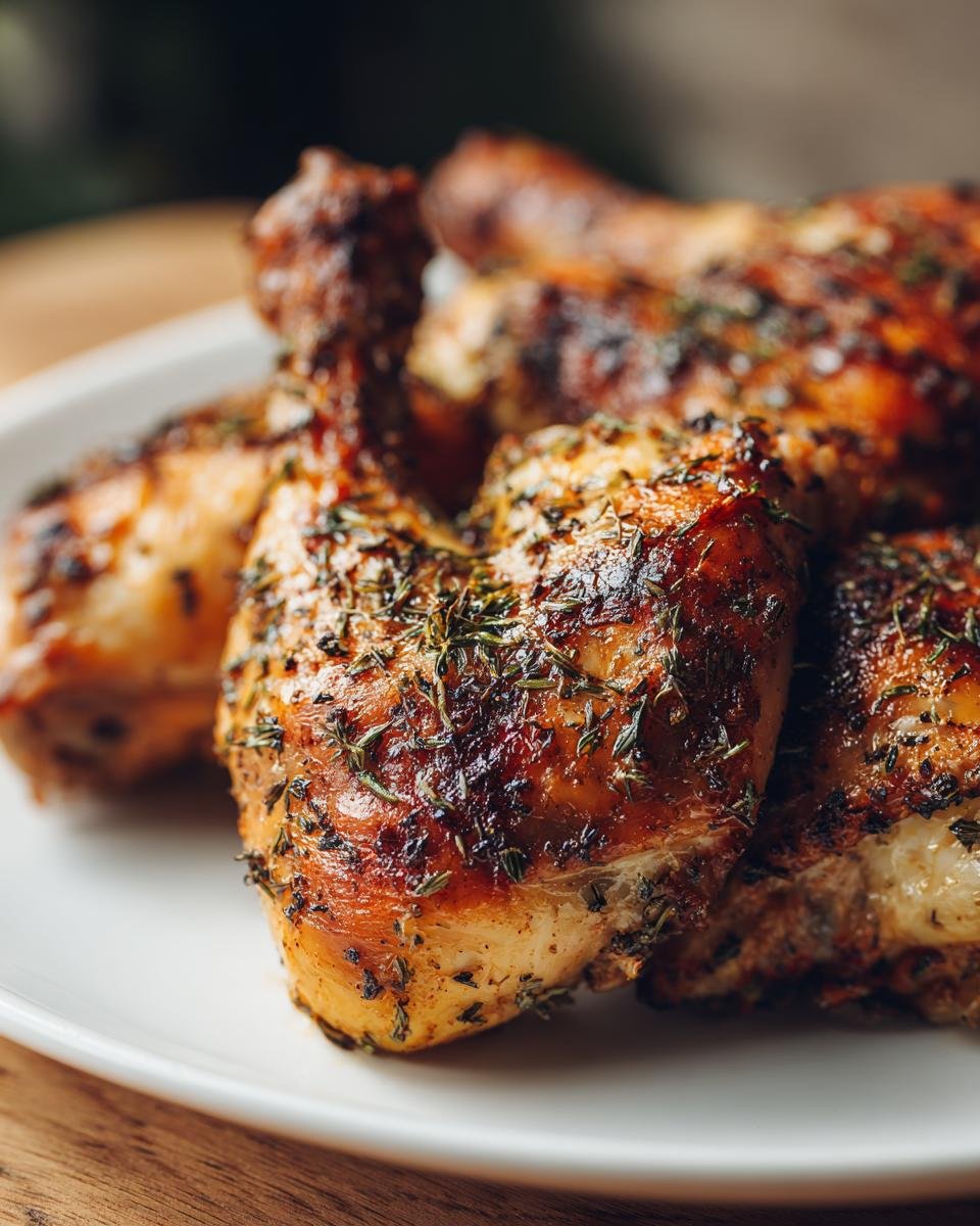 Nahaufnahme von saftigen, goldbraun gebratenen H&auml;hnchenvierteln, bestreut mit frischen Kr&auml;utern.