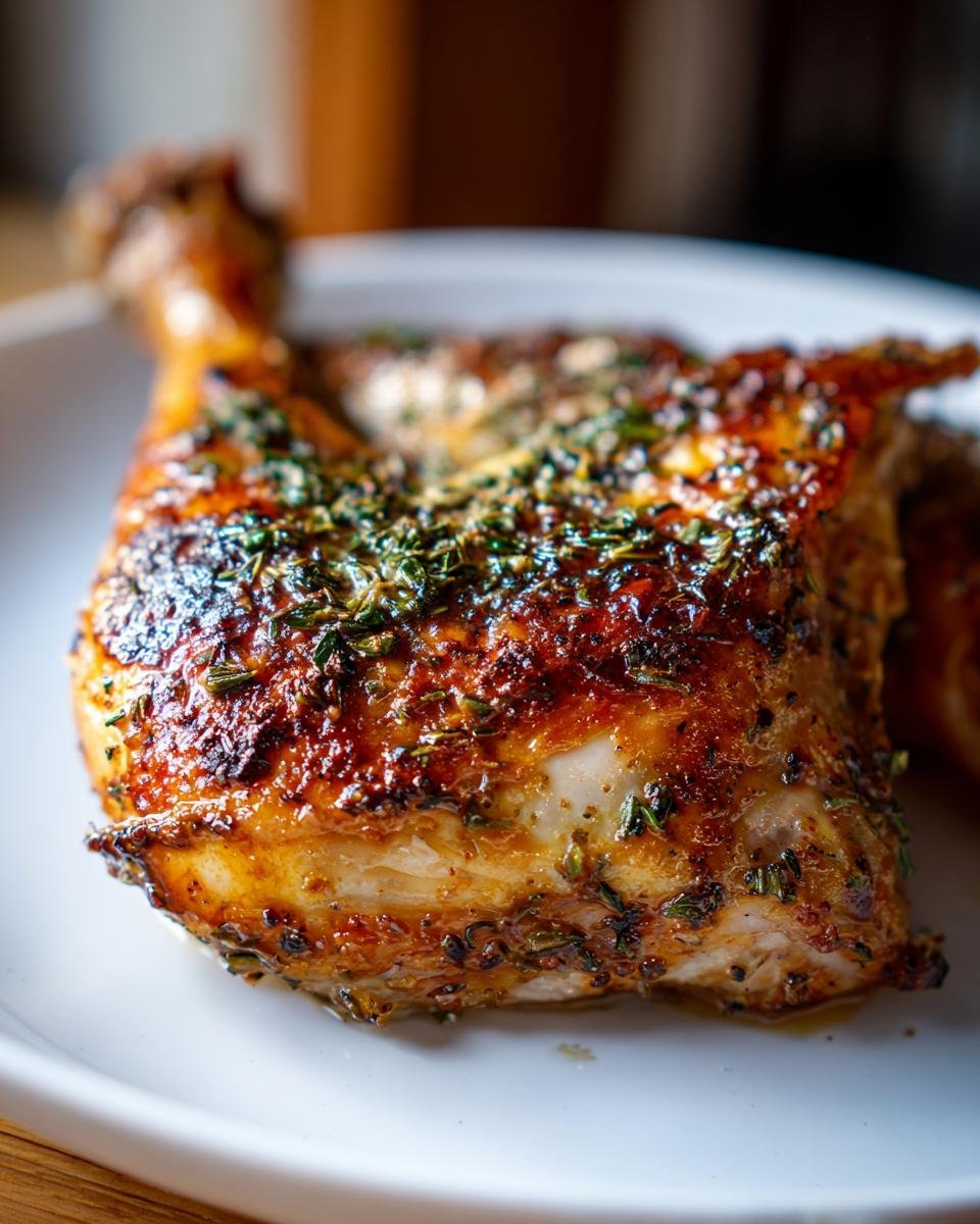 Nahaufnahme von saftigen, goldbraun gebratenen H&auml;hnchenvierteln, bestreut mit frischen Kr&auml;utern.