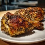 Nahaufnahme von zwei goldbraunen, knusprigen H&auml;hnchenvierteln, gew&uuml;rzt mit Kr&auml;utern, auf einem Teller serviert.