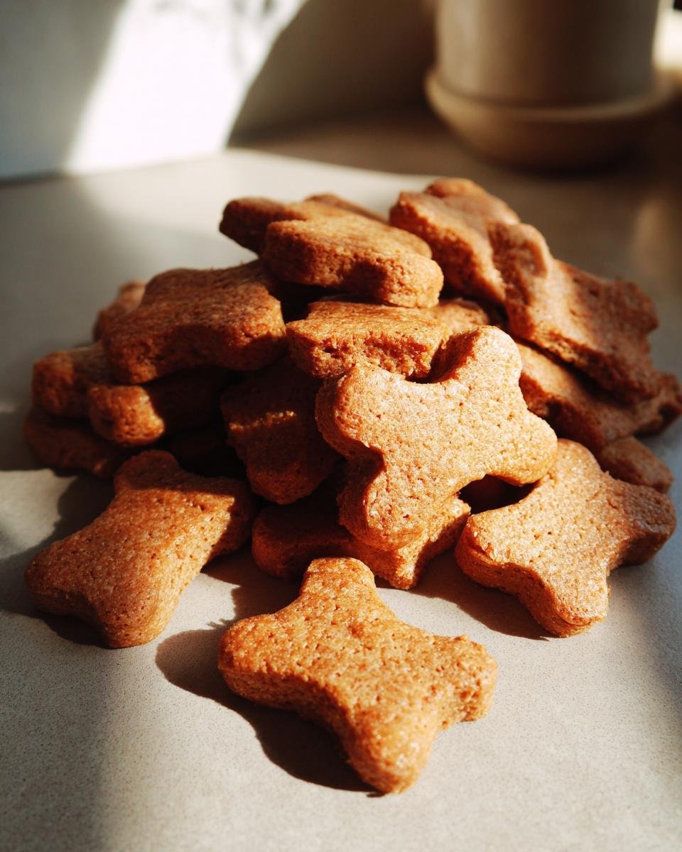 Ein Haufen hausgemachter Hundeleckerlis in Knochenform, goldbraun gebacken.