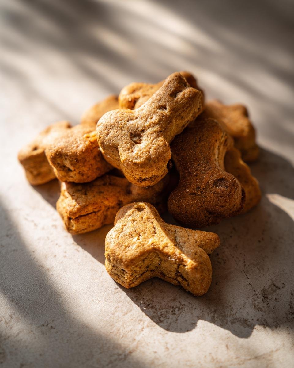 Ein Haufen hausgemachter Hundeleckerli in Knochenform, die auf einer steinernen Oberfl&auml;che liegen.