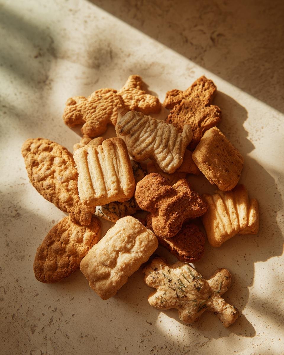 Eine Auswahl an hausgemachten Hundeleckerlis in verschiedenen Formen und Gr&ouml;&szlig;en, darunter Tierformen und Riegel.