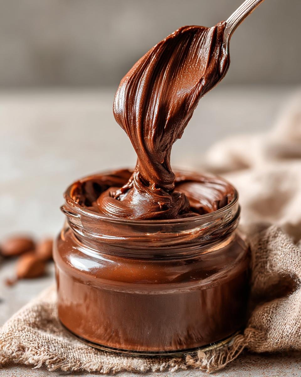 Ein L&ouml;ffel mit cremiger, hausgemachter Nutella wird aus einem Glas gehoben, perfekt f&uuml;r das Rezept.