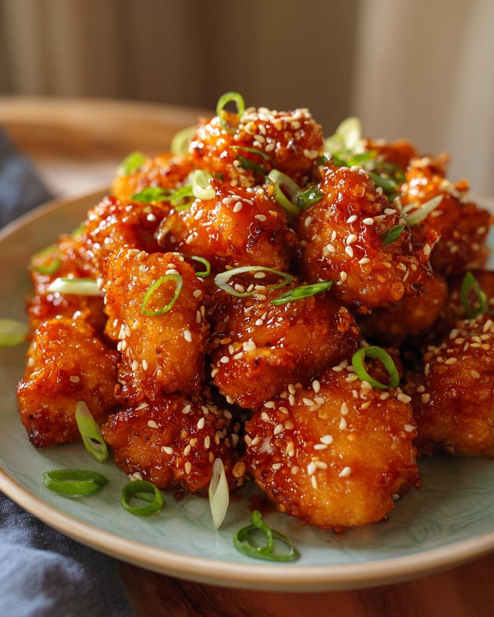 Nahaufnahme von hausgemachten Orange Chicken Bites, glasiert und mit Sesam und Fr&uuml;hlingszwiebeln garniert.