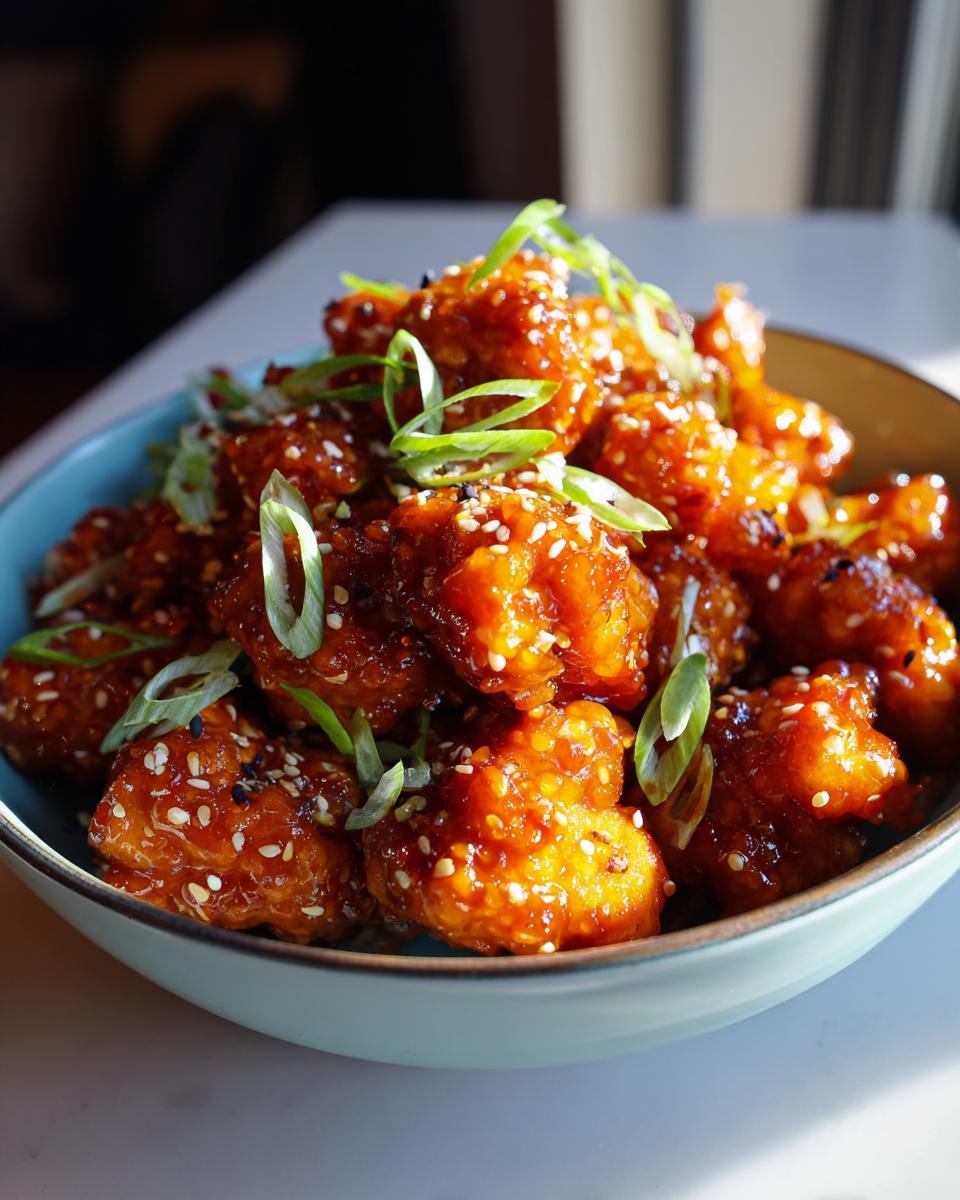 Sch&uuml;ssel mit hausgemachten Orange Chicken Bites, garniert mit Fr&uuml;hlingszwiebeln und Sesam.