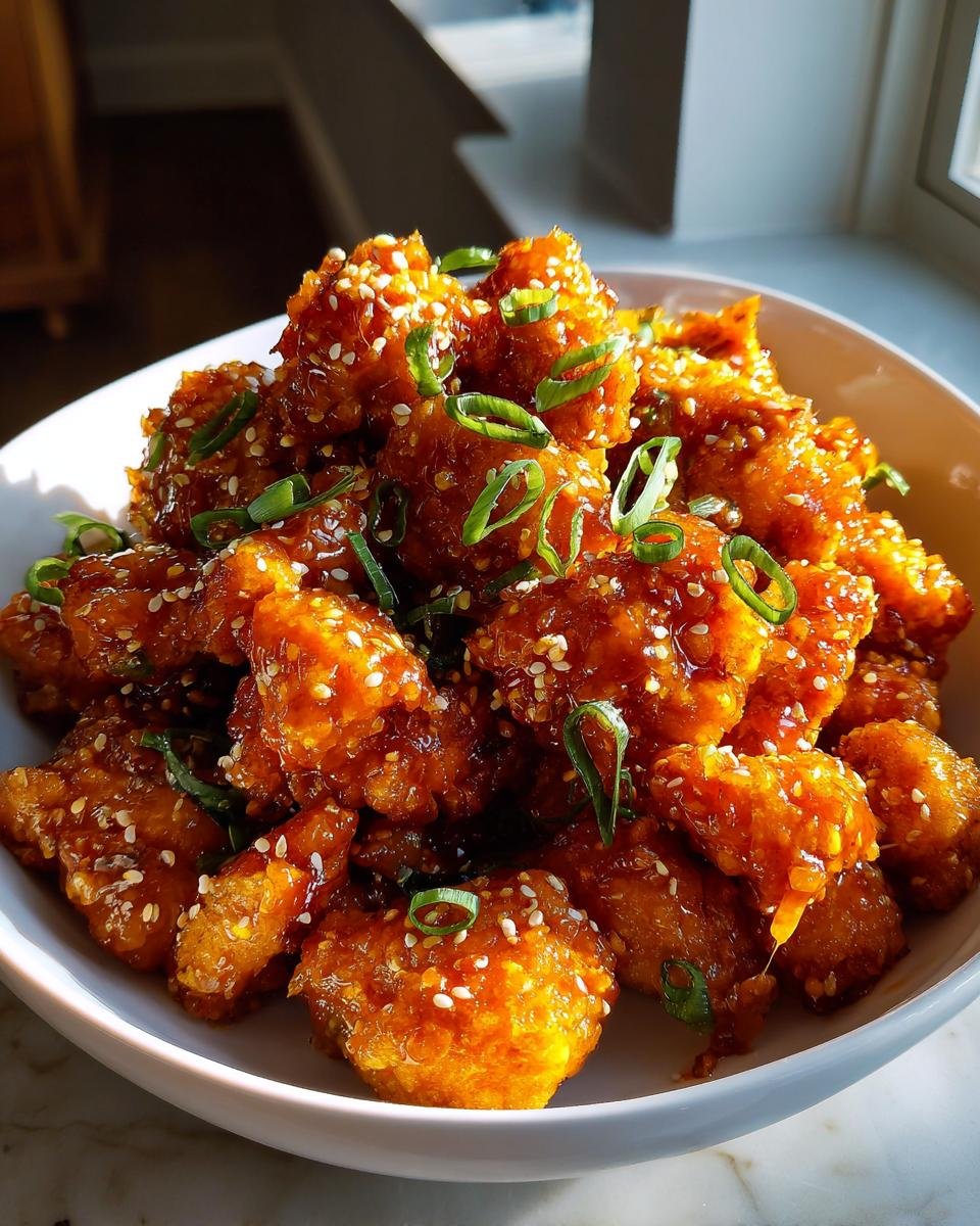 Eine Sch&uuml;ssel voller hausgemachter Orange Chicken Bites, glasiert und mit Sesam und Fr&uuml;hlingszwiebeln garniert.