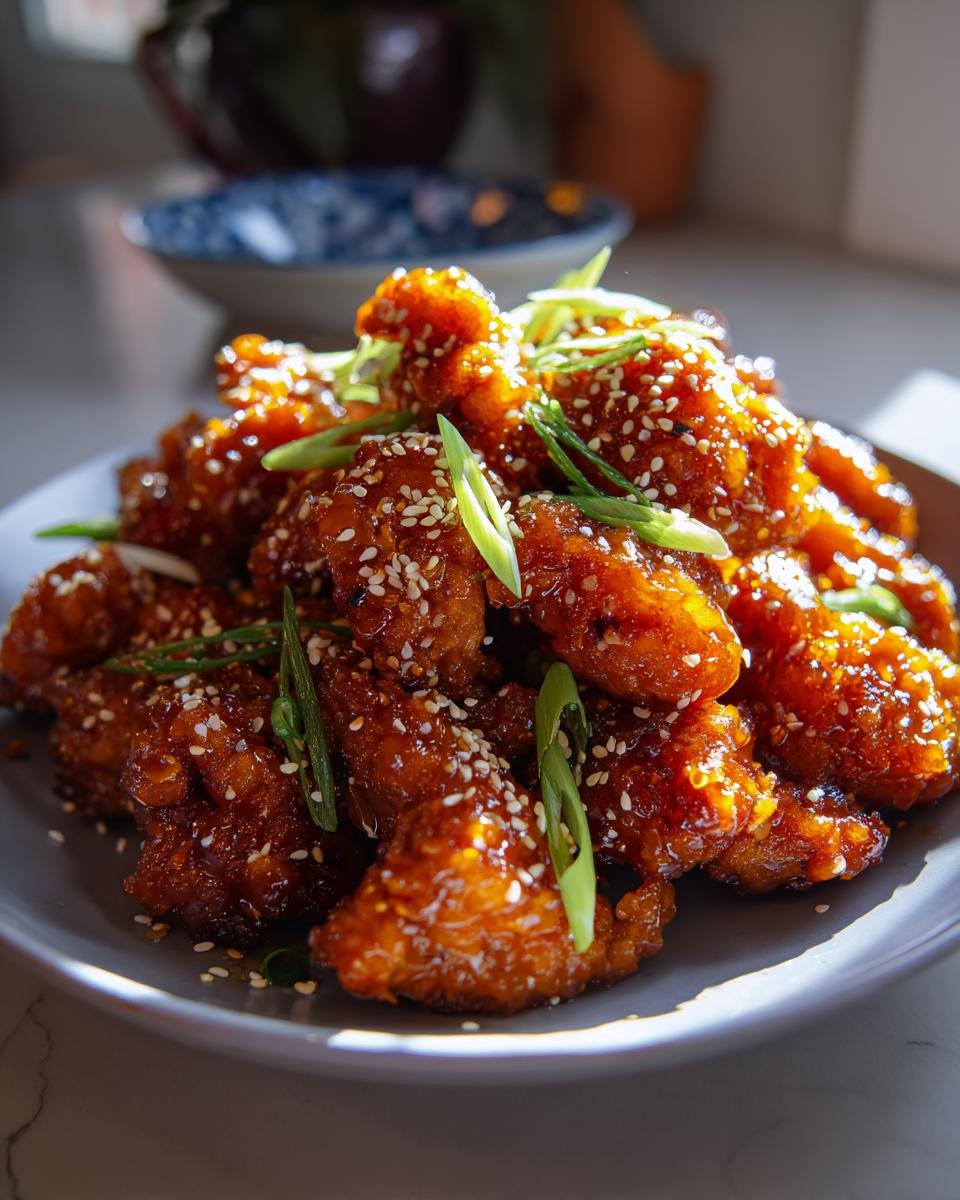 Ein Teller mit k&ouml;stlichen, hausgemachten Orange Chicken Bites, bestreut mit Sesam und Fr&uuml;hlingszwiebeln.