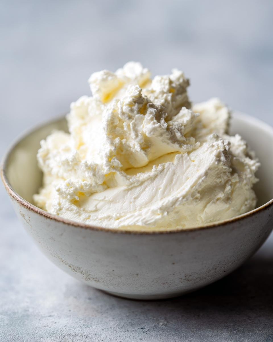 Nahaufnahme von hausgemachtem Frischk&auml;se in einer rustikalen Sch&uuml;ssel.