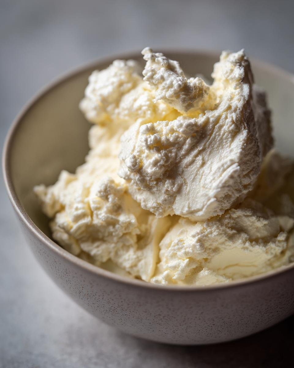 Nahaufnahme von hausgemachtem Frischk&auml;se in einer Sch&uuml;ssel, cremige Textur.