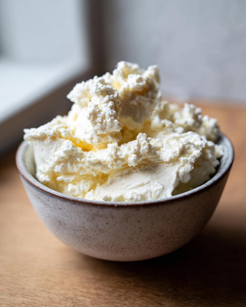 Nahaufnahme von hausgemachtem Frischk&auml;se in einer Sch&uuml;ssel, auf einem Holztisch.