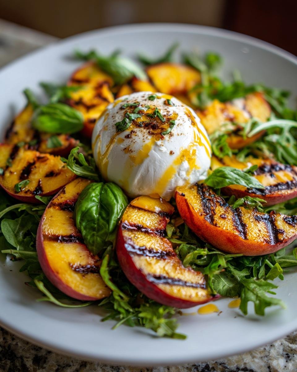 Herrlicher gegrillter Pfirsich Burrata Salat mit Rucola und Basilikum, betr&auml;ufelt mit Oliven&ouml;l.
