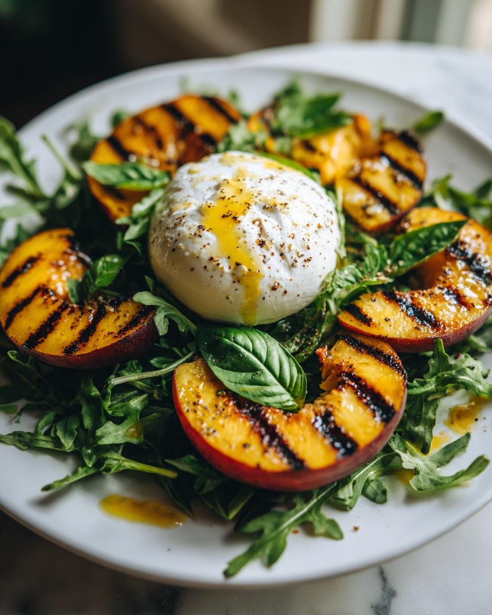 Ein Teller mit Herrlichem gegrilltem Pfirsich Burrata Salat, garniert mit Basilikum und betr&auml;ufelt mit Oliven&ouml;l.