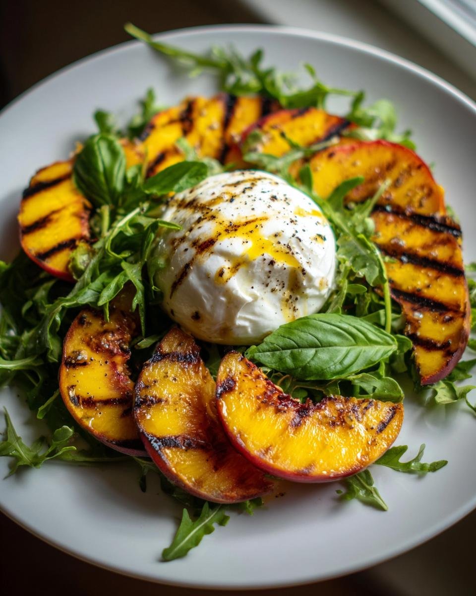 Herrlicher gegrillter Pfirsich Burrata Salat mit Rucola und Basilikum, betr&auml;ufelt mit Oliven&ouml;l.