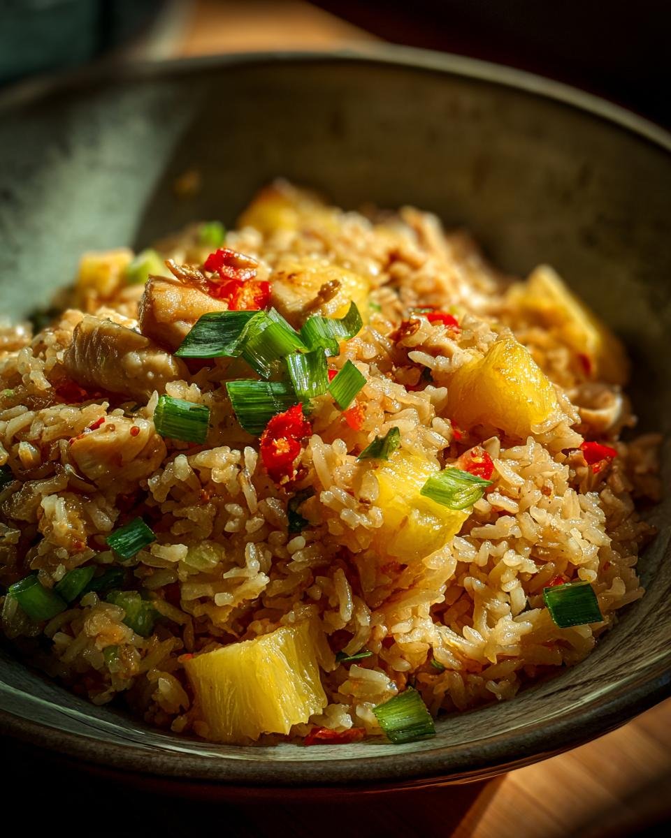 Nahaufnahme von Herrlichem Ananas Reis, einem tropischen gebratenen Reisgericht mit Ananasst&uuml;cken, H&uuml;hnchen, Chili und Fr&uuml;hlingszwiebeln.