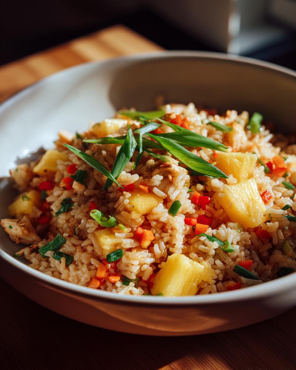 Nahaufnahme von Herrlichem Ananas Reis, einem tropischen gebratenen Reisgericht mit Ananasst&uuml;cken, Karotten und Fr&uuml;hlingszwiebeln.