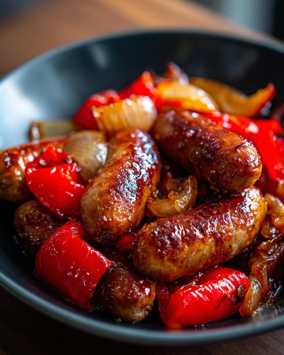 Nahaufnahme von herzhafter Wurst mit Paprika und Zwiebeln in einer Sch&uuml;ssel, ein geschmackvolles Gericht.