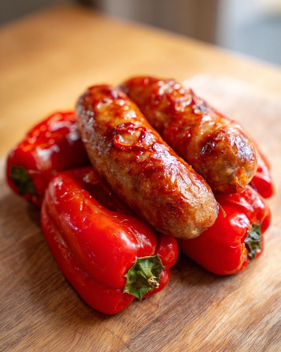 Nahaufnahme von gebratener Wurst mit roten Paprika, ein Hauptbestandteil von herzhaften Wurst-, Paprika- und Zwiebelgerichten.