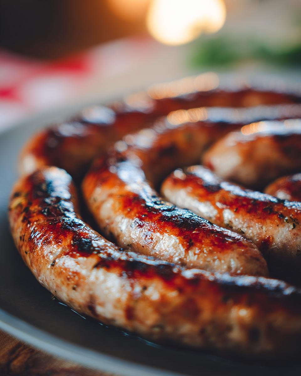 Nahaufnahme von gebratenen W&uuml;rsten mit Paprika und Zwiebeln, herzhaft und geschmackvoll.