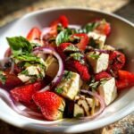 Nahaufnahme eines herzhaften Balsamico Erdbeer Caprese Salats mit frischen Erdbeeren, Mozzarella und roten Zwiebeln.