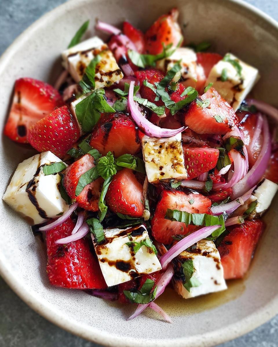 Nahaufnahme eines herzhaften Balsamico-Erdbeer-Caprese-Salats mit frischen Erdbeeren, Mozzarella und roten Zwiebeln.