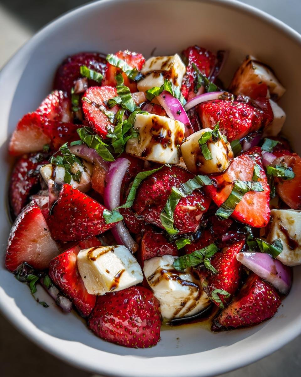 Nahaufnahme eines herzhaften Balsamico Erdbeer Caprese Salats mit frischen Erdbeeren, Mozzarella und Basilikum.