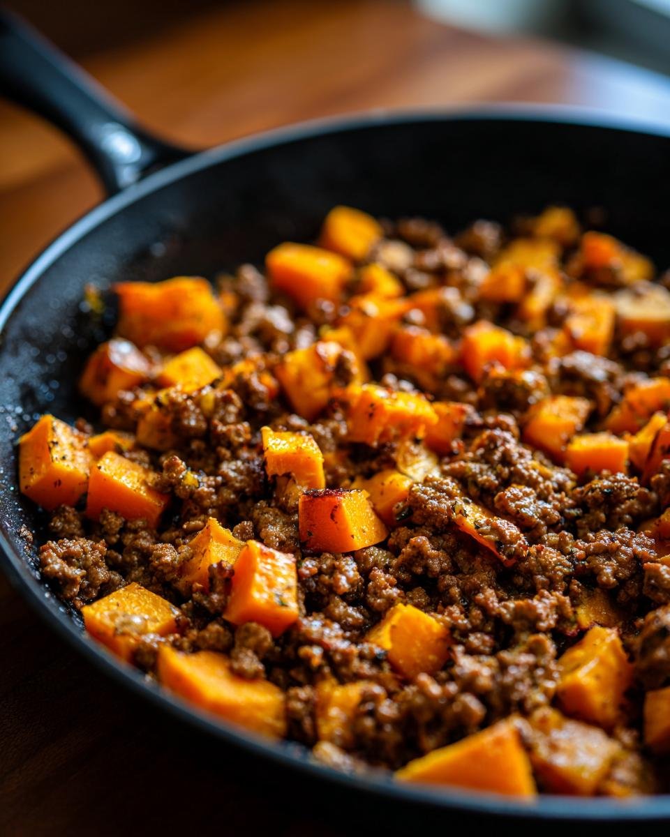 Nahaufnahme eines herzhaften Hackfleisch-S&uuml;&szlig;kartoffel-Pfannengerichts in einer gusseisernen Pfanne.