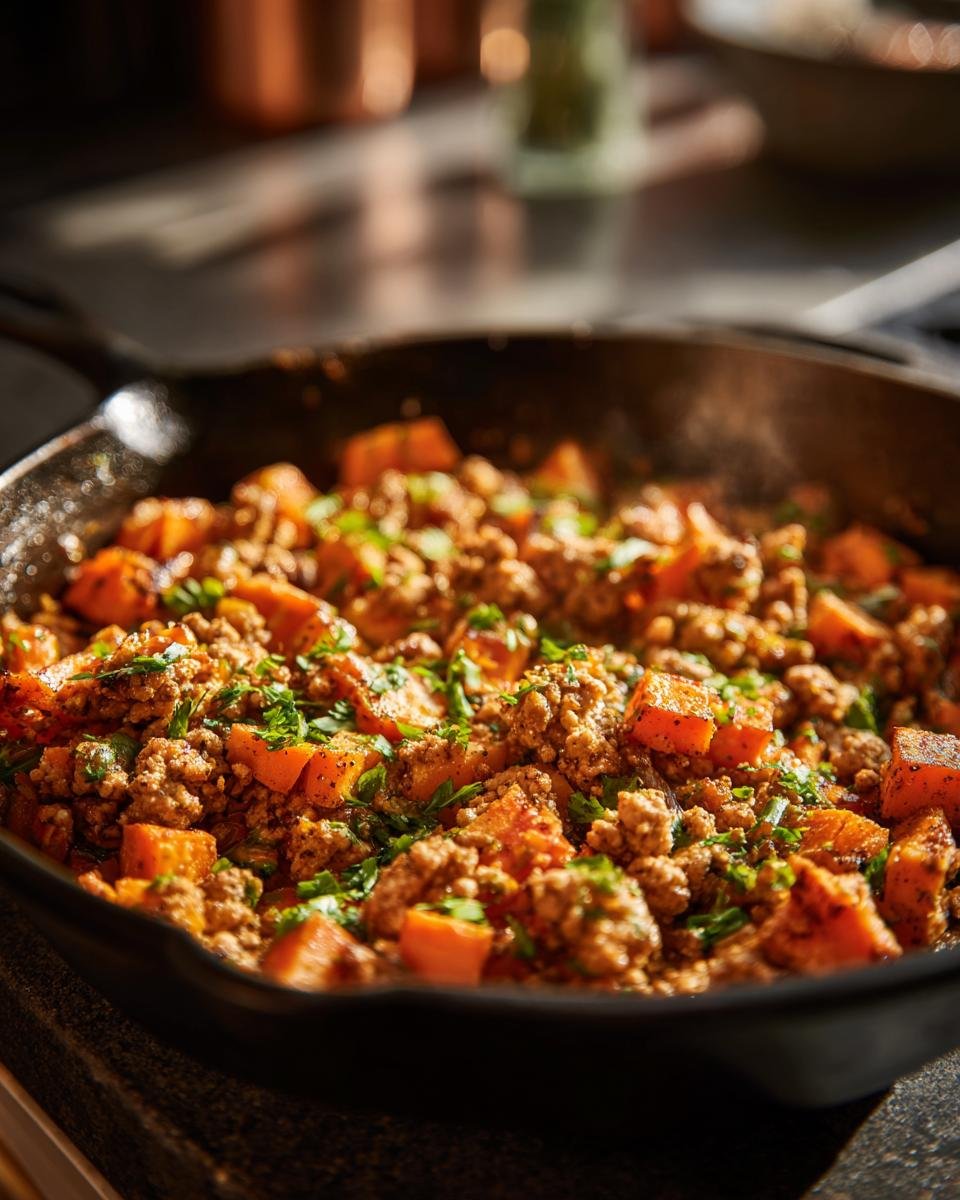 Nahaufnahme eines herzhaften Hackfleisch-S&uuml;&szlig;kartoffel-Pfannengerichts, garniert mit Petersilie.